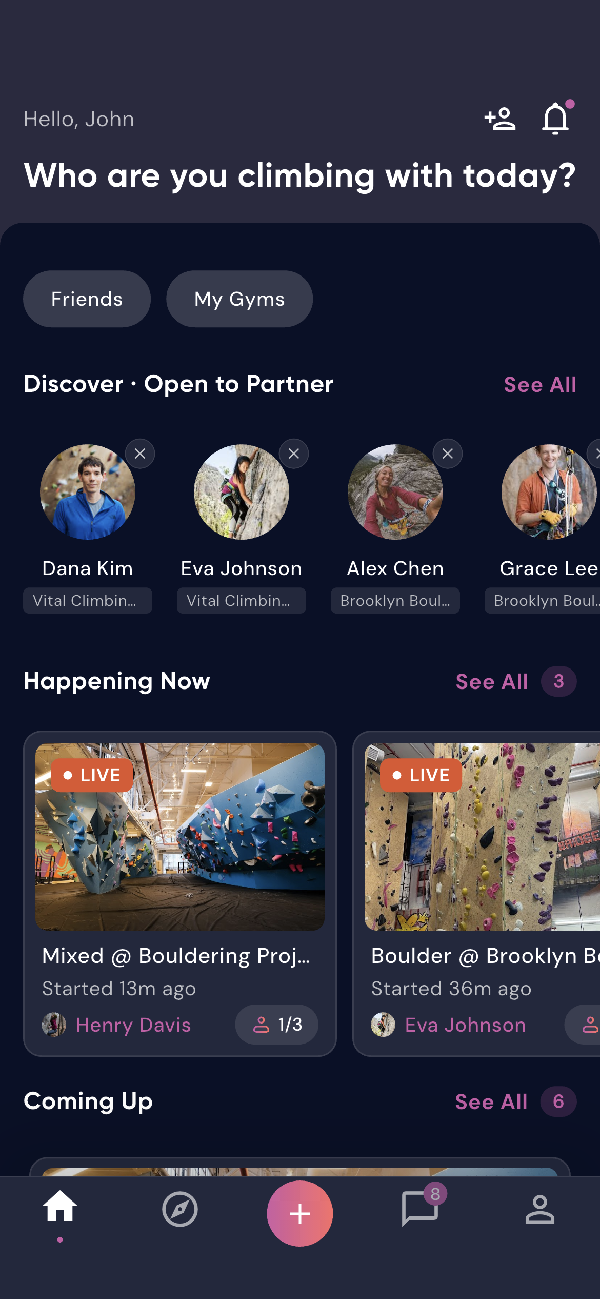 Home feed showing live and upcoming climbing sessions